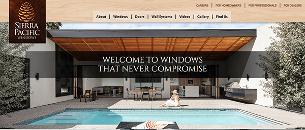 A modern outdoor pool area with lounge chairs and a wooden patio cover. Text on image reads, "Welcome to windows that never compromise." Sierra Pacific Windows logo at the top left.