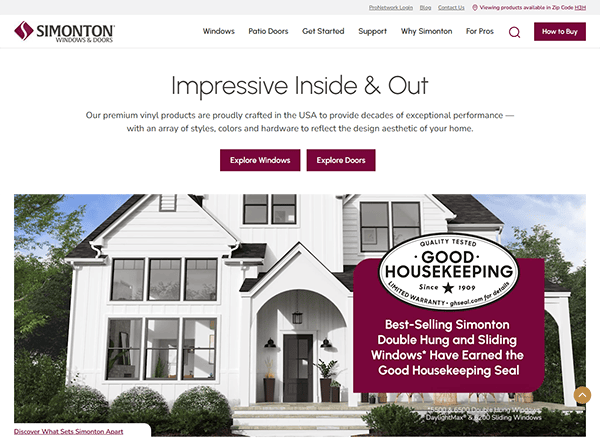 Screenshot of the Simonton Windows & Doors website highlighting their Good Housekeeping Seal, a hallmark of quality often featured on the best window repair websites. The page presents a house with large windows and easy navigation options, emphasizing excellence in window solutions.