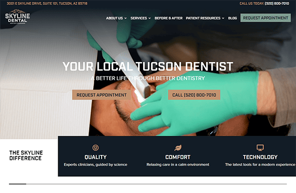 A dentist wearing green gloves examines a patient's teeth. The website header reads "Your Local Tucson Dentist," and offers options to request an appointment. Contact information and services are displayed.