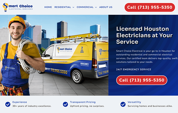 Smart Choice Electrical Services webpage showing a smiling electrician holding cables, company van, and contact number. Text highlights the company's licensing, residential and commercial services, and their call number.