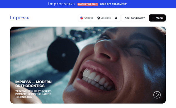 Close-up of a person smiling, showcasing clean teeth, with text promoting "Impress – Modern Orthodontics" and relevant navigation buttons for locations, candidate eligibility, and menu.