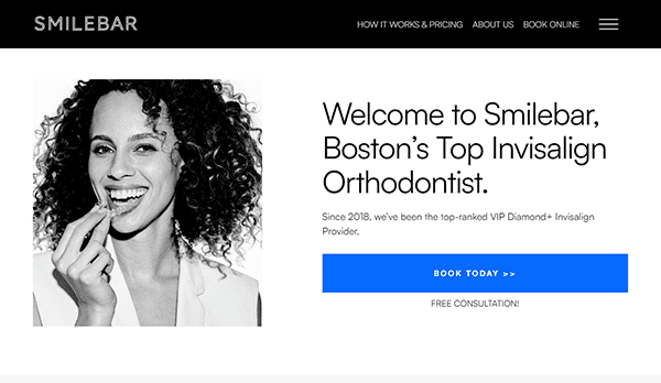 A woman smiles while holding an Invisalign aligner. Text reads, "Welcome to Smilebar, Boston’s Top Invisalign Orthodontist." A blue button says, "Book Today" and a link offers a free consultation.