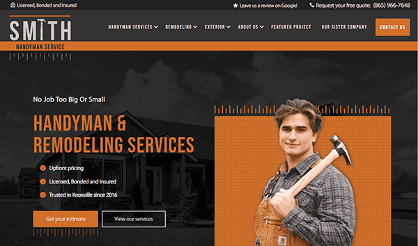 A promotional image for Smith Handyman Service, advertising handyman and remodeling services with upfront pricing. Features a man holding a hammer and mentions service details and contact information.