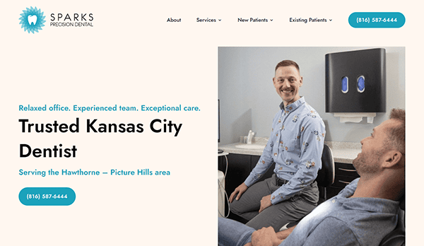 A dentist smiles while sitting next to a patient in a dental office. The text highlights the dental service, "Sparks Precision Dental," and mentions it is in Kansas City, serving the Hawthorne - Picture Hills area.