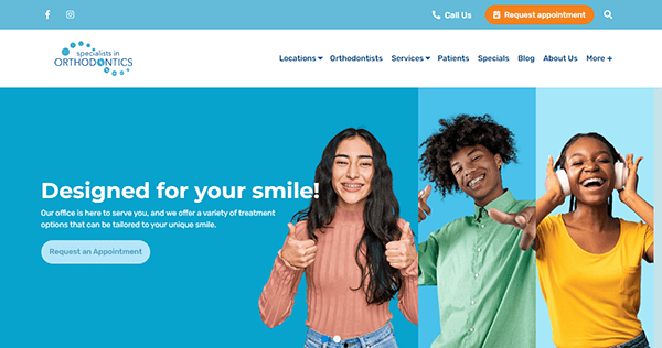 A banner image for an orthodontics website displaying three smiling individuals with the text "Designed for your smile!" and options such as "Request an Appointment" and contact information at the top.