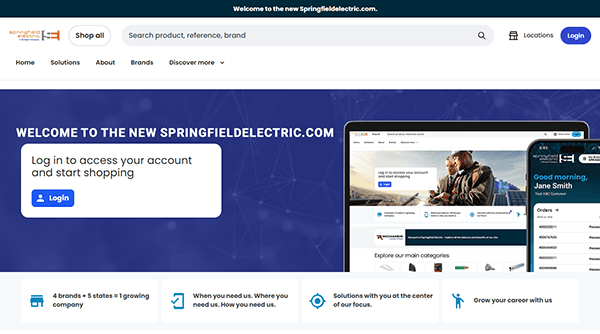 Screenshot of Springfield Electric's website homepage featuring a login section, navigation menu with options like Home, Solutions, About, and Brands, and announcements about company services and updates.