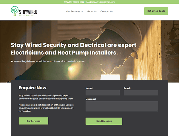 Screenshot of Stay Wired Security and Electrical's website showing their services in electrical and heat pump installation. User can fill out an enquiry form or request a free quote.