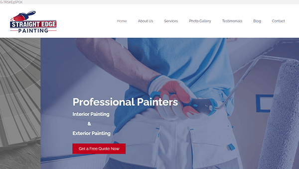 A website homepage for "Straight Edge Painting" showing a painter holding a brush. The navigation menu includes Home, About Us, Services, Photo Gallery, Testimonials, Blog, and Contact.