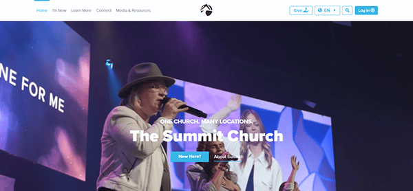 Image of The Summit Church website homepage featuring a worship leader singing on stage. The page includes navigation links and buttons for giving, finding a location, and logging in.