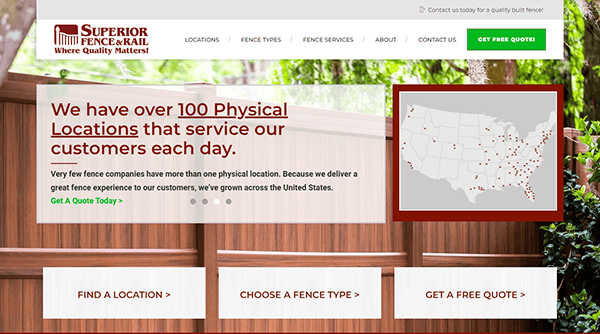 Website homepage for "Superior Fence & Rail" showing a map with physical locations across the USA, offering services such as selecting a fence type, obtaining a free quote, and contacting the company.