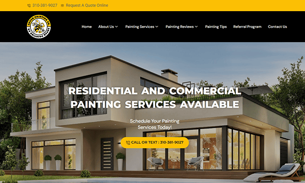 Screenshot of a painting company's website homepage. The header reads "Residential and Commercial Painting Services Available." The page includes contact information and links to various service-related sections.