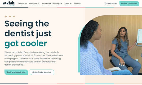 A dentist speaks to a woman in an exam room at Swish Dental. The webpage mentions dental care services and encourages booking an appointment.