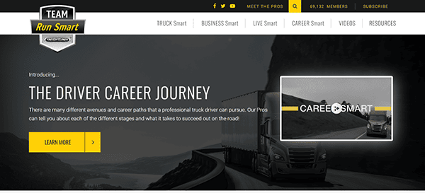 Screenshot of a website titled "The Driver Career Journey" showcasing career paths for professional truck drivers. Features a large truck image, navigation menu, and sections to learn more.