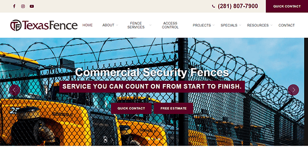 Homepage of TexasFence displaying commercial security fences with text advertising reliable service, quick contact, and free estimate options. Background shows yellow construction machinery behind a chain-link fence.