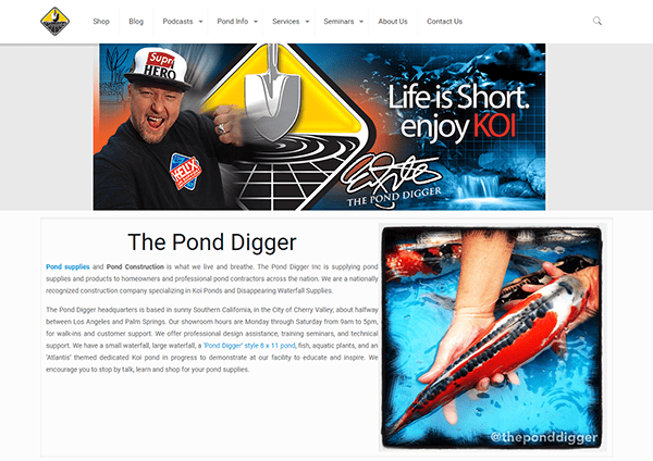 Screenshot of The Pond Digger website homepage showcasing their services in pond supplies and construction, with an image of fish in a pond, and the tagline "Life is Short, enjoy KOI.