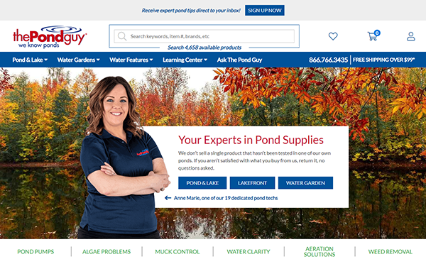 A woman stands with arms crossed in front of a pond landscape on a website selling pond supplies. The site highlights expert advice, return policy, and various categories like plants, water clarity, and algae solutions.