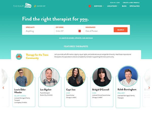 Website screenshot showing a search tool to find therapists based on location, specialties, and cost. It features highlighted therapists for the trans community with names and photos displayed.