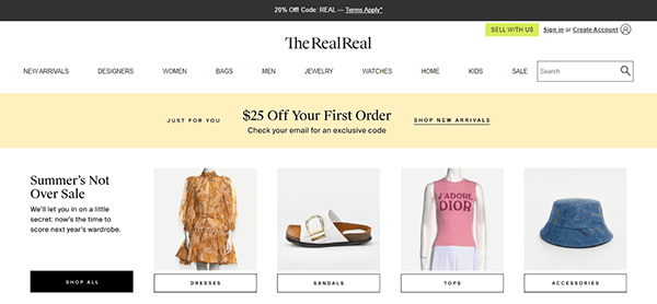 Screenshot of The RealReal's online store showcasing four clothing items: a dress, sandals, a top, and a bucket hat. A banner offers $25 off the first order for email sign-up.