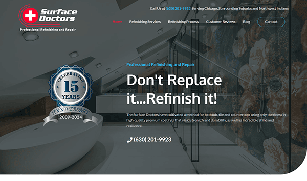 A website homepage for Surface Doctors, offering professional refinishing and repair services. The main text reads "Don't Replace it... Refinish it!" with a "15 Years Anniversary 2009-2024" emblem.