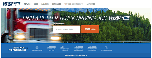 A website interface of Truckers Report showing a red truck, a search bar for jobs, and tabs for forums, salaries, and other services related to truck driving.