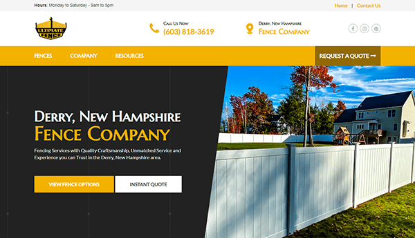 Screenshot of a fence company's website. The site displays contact information, a logo, navigation menu, and a photo of a white fence with houses and trees in the background.