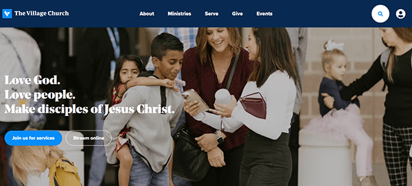 A group of people, including adults and children, are gathered at a church event. The text overlay reads: "Love God. Love people. Make disciples of Jesus Christ." Options for joining services and streaming online are displayed.