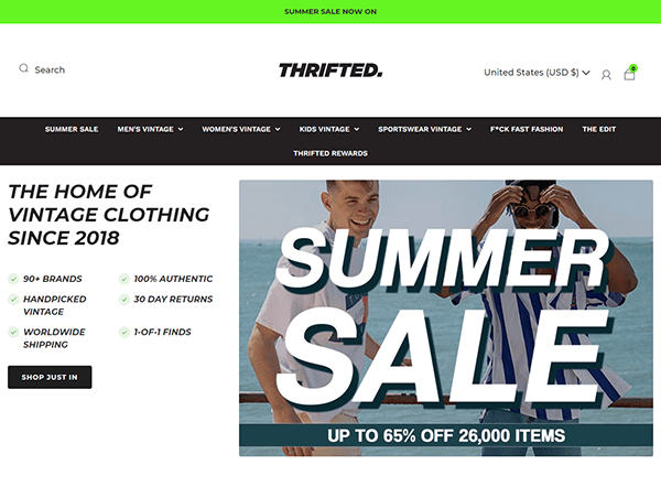 Screenshot of Thrifted's website homepage displaying a "Summer Sale" banner offering up to 65% off 26,000 items. Highlights include over 90 brands, 100% authentic vintage clothing, worldwide shipping, and 30-day returns.