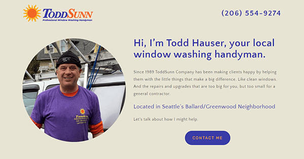 Advertisement for ToddSunn window washing services featuring an image of a man in a purple shirt and white cap. Contact information and service details provided. Button says "Contact Me.