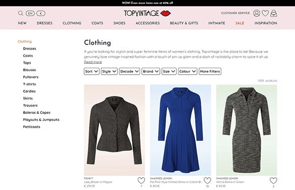 A webpage displaying clothing articles including cardigans and dresses by Topyvintage. The options to filter and sort items are visible at the top, and several product listings are shown.