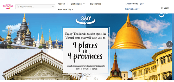 Image promoting a virtual tour of Thailand with a title "4 places in 4 provinces" and showing various Thai landmarks, including temples and architectural structures.