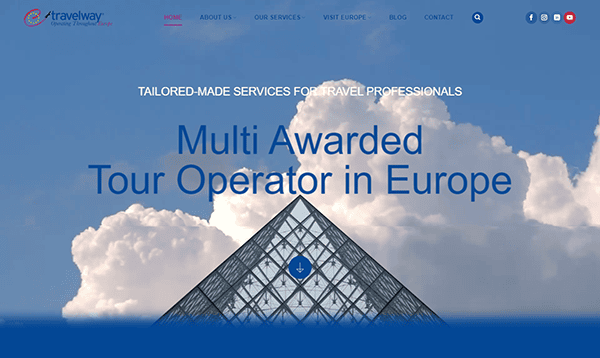 Website homepage of a travel company displaying a title "Multi Awarded Tour Operator in Europe" with a blue sky and cloud background. The top navigation menu includes links for Home, About Us, Our Services, etc.