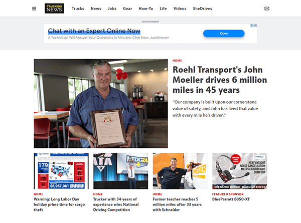 A man holding a plaque is featured in a news article headline: "Roehl Transport's John Moeller drives 6 million miles in 45 years." Additional news articles are displayed below.