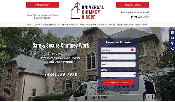 Screenshot of Universal Chimney & Roof's website, showing their services and contact information. A request form and a company van are visible in front of a house with stone exterior.