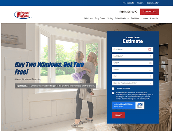 Woman holding a child in a room with large windows. "Buy Two Windows, Get Two Free!" and form to schedule an estimate shown on the right side of the image. Universal Windows Direct branding visible.