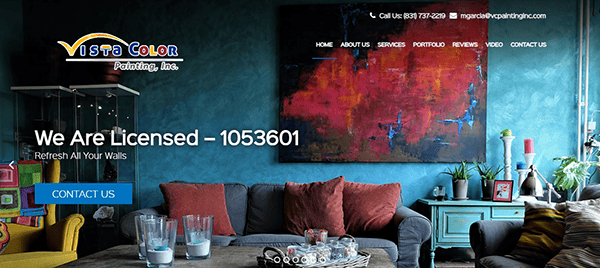 Website homepage of Vista Color Painting, Inc., featuring a colorful interior living space, a contact number, an email address, and a "Contact Us" button. Text reads "We Are Licensed - 1053601".