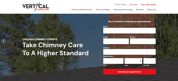 Screenshot of a chimney care website featuring a contact form on the right side over a roof image. The headline reads, "Chicago Chimney Experts: Take Chimney Care To A Higher Standard." Discover the best chimney sweep services for pristine maintenance.