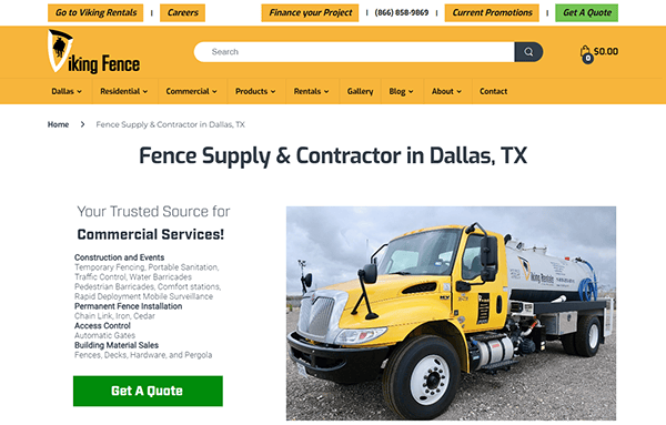 Yellow truck on the Viking Fence website offering fence supply and contractor services in Dallas, TX, with highlighted options like careers, financing, and commercial service details.