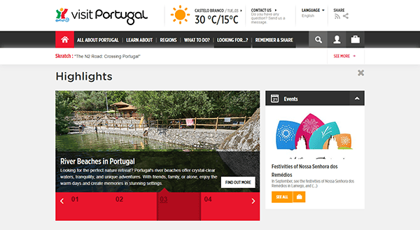 Screenshot of the Visit Portugal website showing highlights about river beaches, a weather update, and an events section with a festival listing.