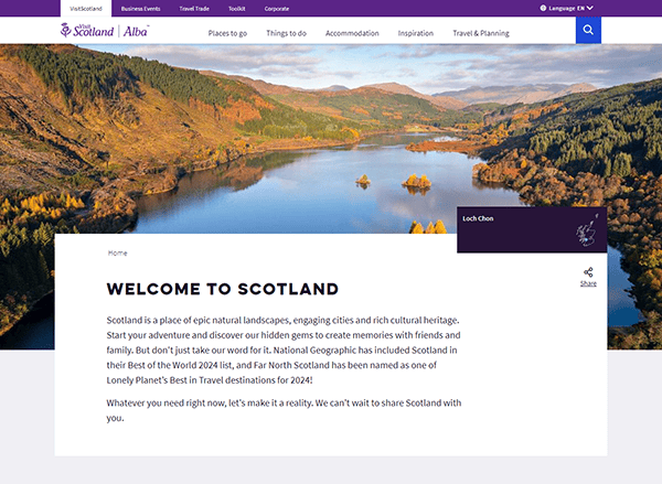 A scenic view of a Scottish landscape with a lake in the center, surrounded by trees and hills. Text overlay reads "Welcome to Scotland" with additional information about Scotland's attractions.