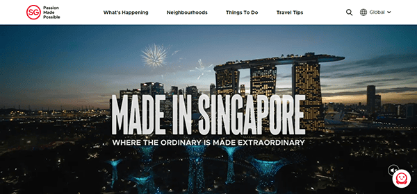 A cityscape of Singapore at dusk featuring the Marina Bay Sands hotel and Gardens by the Bay with the text "Made in Singapore: Where the Ordinary is Made Extraordinary".