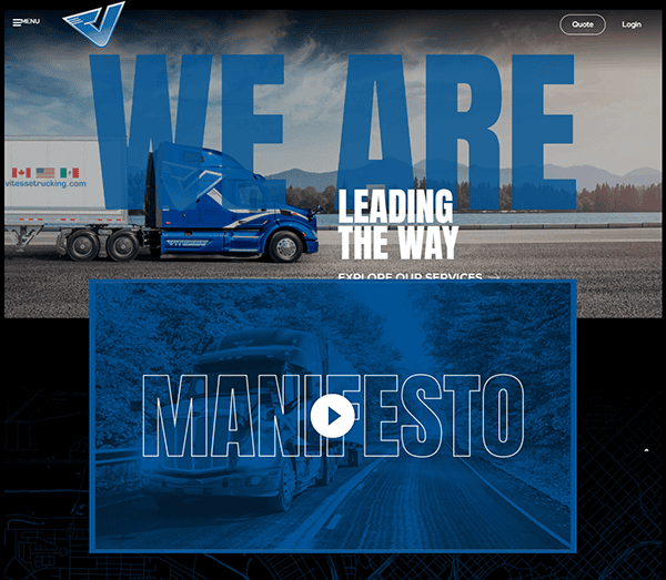 A blue truck next to large blue text that reads "WE ARE LEADING THE WAY." Below is an embedded video with the word "MANIFESTO" over an image of a truck.