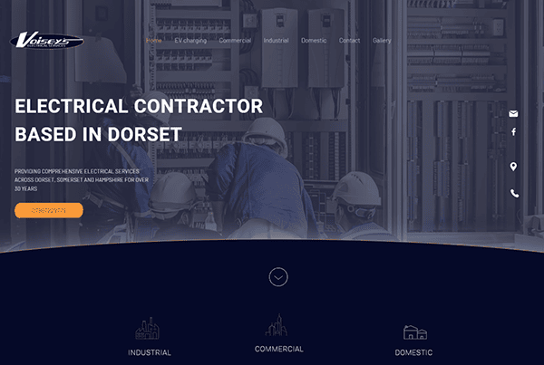 Website screenshot displaying an electrical contractor service based in Dorset, offering industrial, commercial, and domestic electrical services. Contact phone number is highlighted in an orange box.