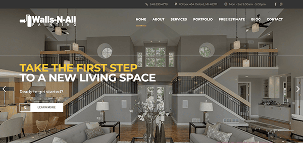 Website homepage of Walls-N-All Painting featuring a modern, stylish living room with a banner text: "Take the First Step to a New Living Space" and navigation menu at the top.