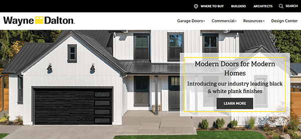 Modern white house exterior with black accents, featuring a two-car garage showcasing the best garage door with sleek black doors. Text on image promotes black and white plank finishes.