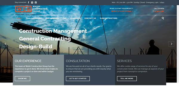 Screenshot of a construction company's website with the header "Construction Management, General Contracting, Design-Build." The website includes navigation menu options for services, portfolio, and contact information.