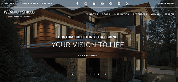 A modern two-story house with large windows is surrounded by trees, showcasing a website overlay with navigation options and the headline "Custom Solutions That Bring Your Vision to Life." Explore top-rated window repair websites for expert solutions.