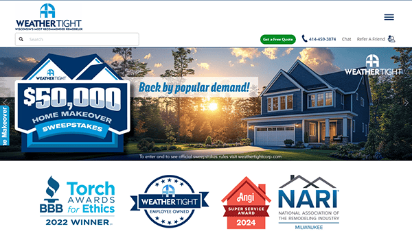 Enter for a chance to win a $50,000 home makeover! Our homepage showcases stunning images of transformed homes and prestigious award logos. Whether you're dreaming of a full renovation or simply need expert window repair, discover why our site is among the best websites for home upgrades.