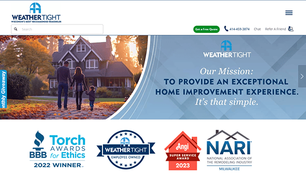 A family walks towards a house at sunset. WeatherTight logo and mission statement are displayed. Below are logos for BBB Torch Awards, Angi Super Service Award, and NARI Milwaukee membership.