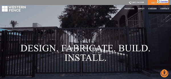 A black metal gate with trees in the background. The text "Western Fence" and "Design. Fabricate. Build. Install." are on top of the image. Company contact details and website menu are visible at the top.