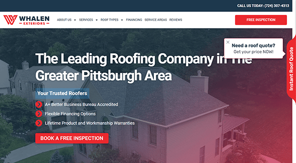 Screenshot of Whalen Exteriors website, highlighting their roofing services in Greater Pittsburgh. Features include BBB accreditation, flexible financing, lifetime product warranties, and a free inspection offer.